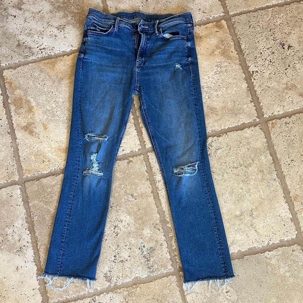MOTHER Straight Leg Distressed Blue Jeans